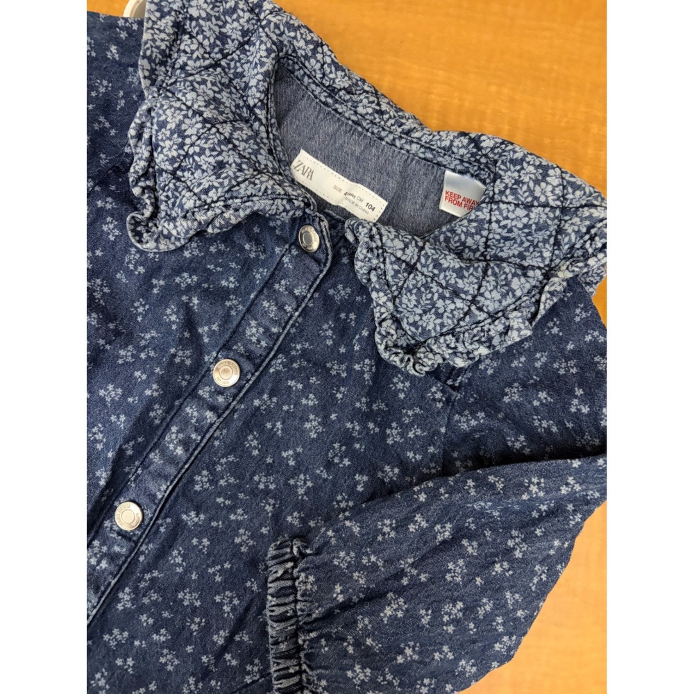 Zara Kids Blue Floral Denim Dress Quilted Peter Pan Collar Size 4 Years 104cm